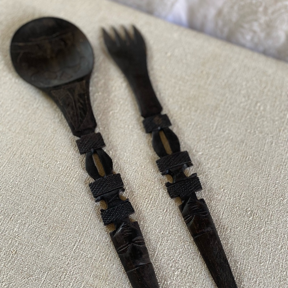 Vintage Hand Carved African Ebony Wood Salad Servers